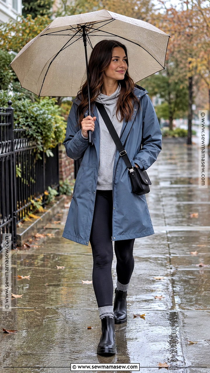Black Leggings With Raincoat And Rain Boots - 20 leggings fall outfit casual
