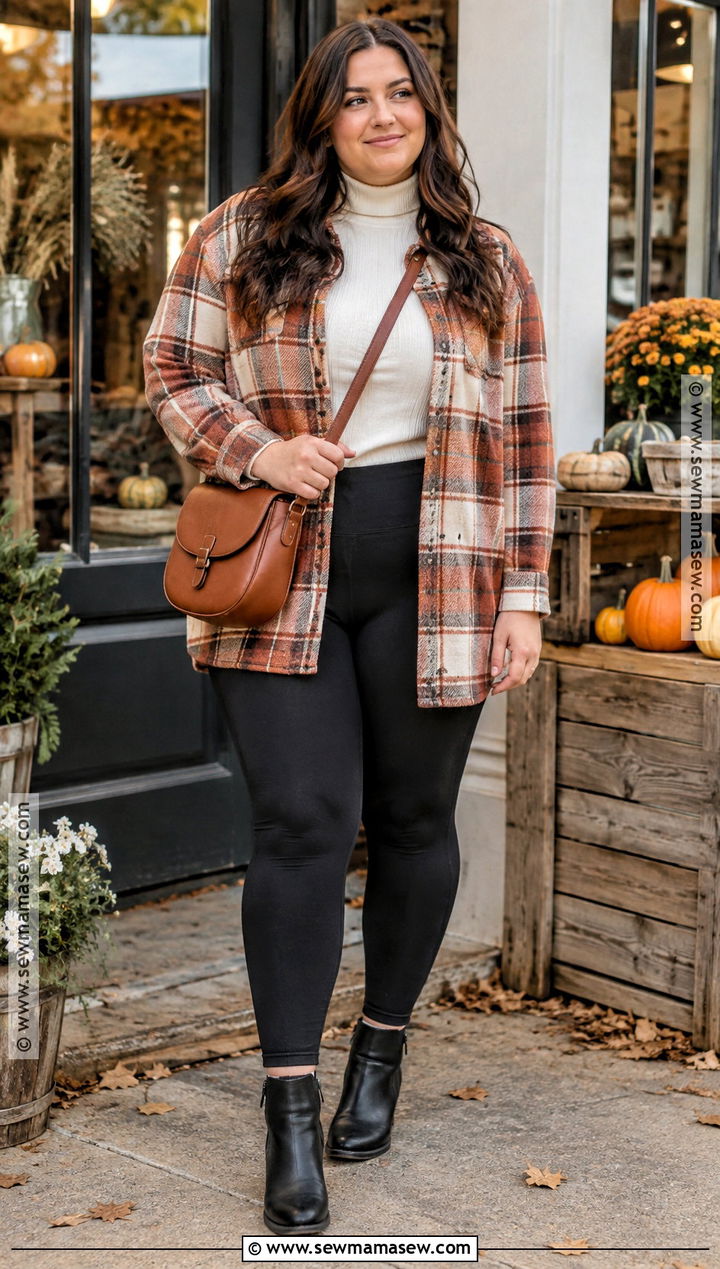 Black Leggings With Shacket And Ankle Boots - 20 Fall Black Leggings Outfit