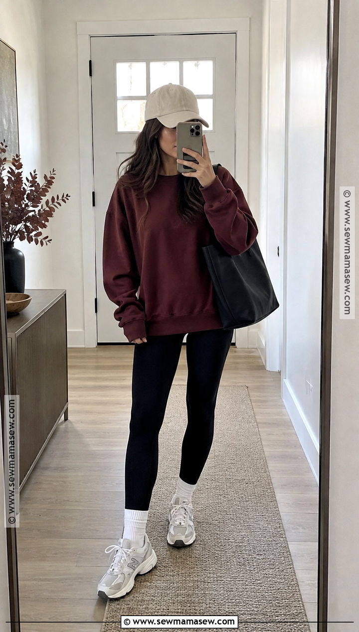 Black Leggings With Sweatshirt And Baseball Cap - 20 Fall Black Leggings Outfit