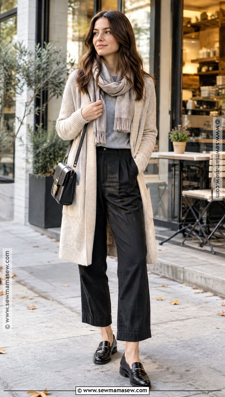 Black Linen Pants With A Long Cardigan - 15 autumn outfits linen pants