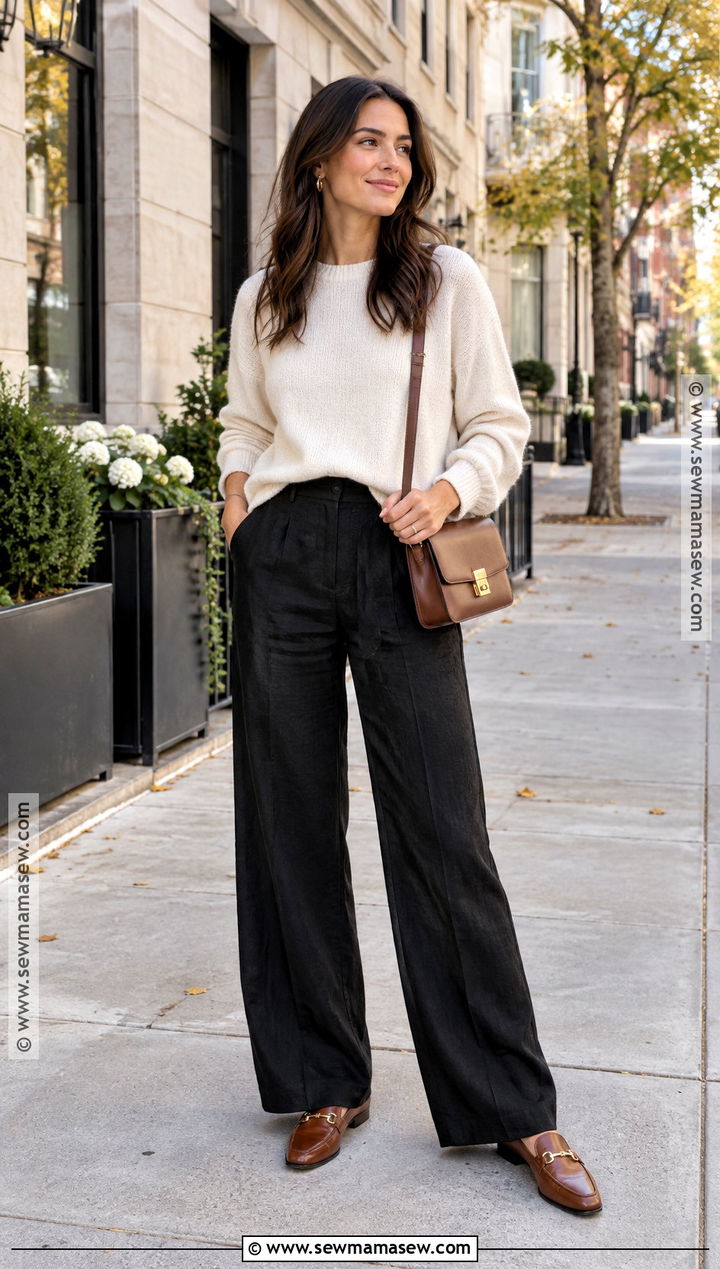 Black Linen Pants With Cream Sweater And Loafers - 20 black linen pants outfit fall