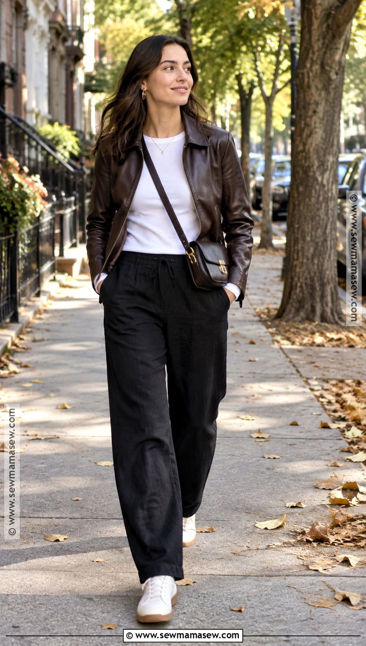 Black Linen Pants With Leather Jacket And Sneakers - 20 black pants outfit autumn