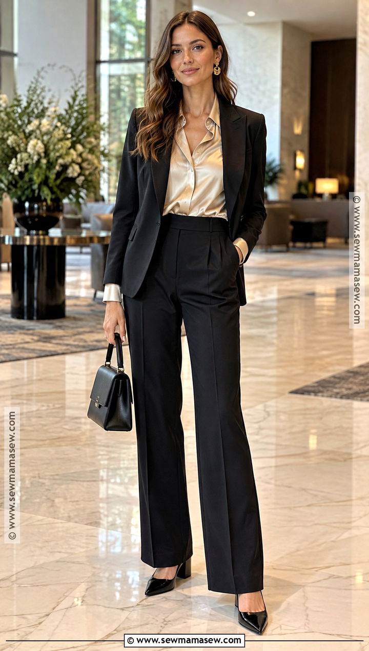 Black Linen Pants With Satin Blouse And Blazer - 20 black linen pants outfit fall