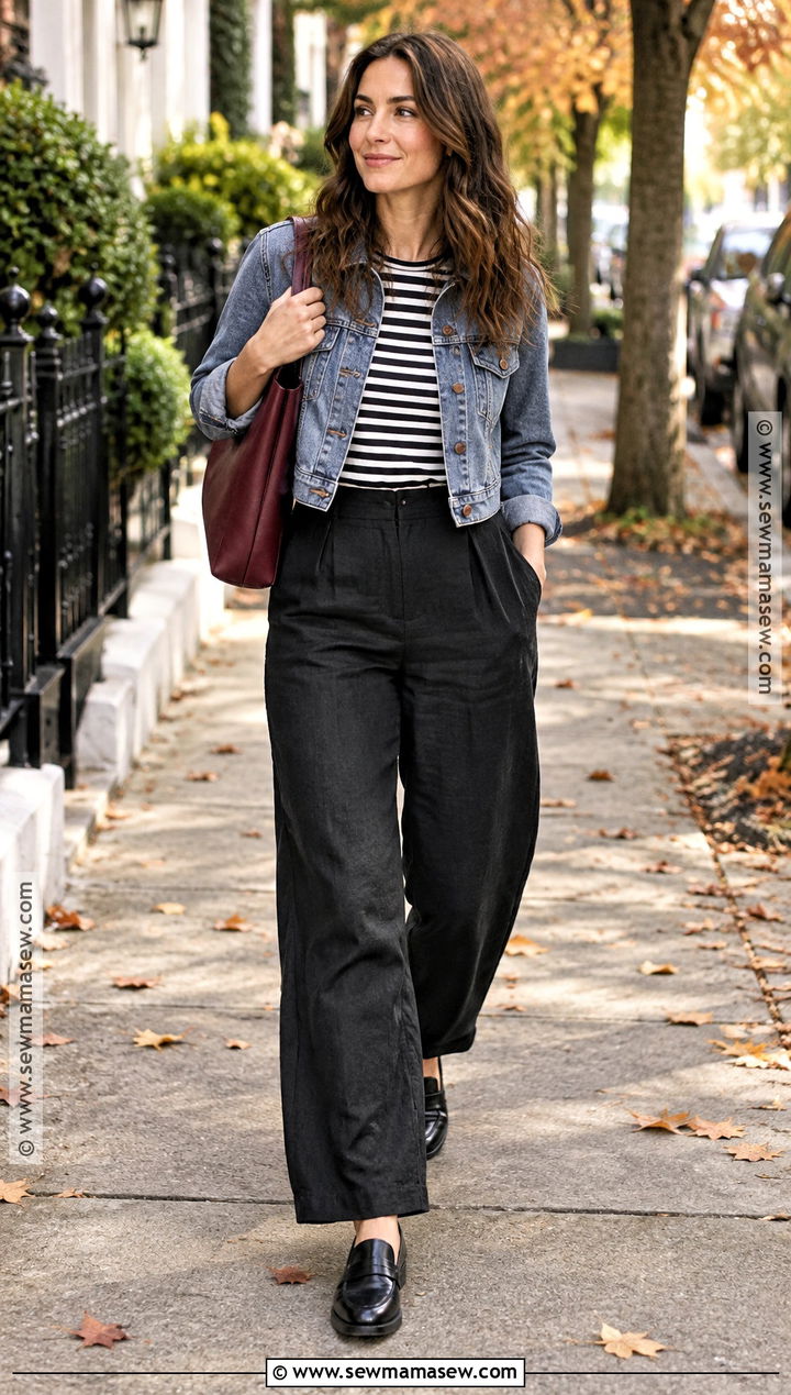 Black Linen Pants With Striped Tee And Denim Jacket - 20 black linen pants outfit fall
