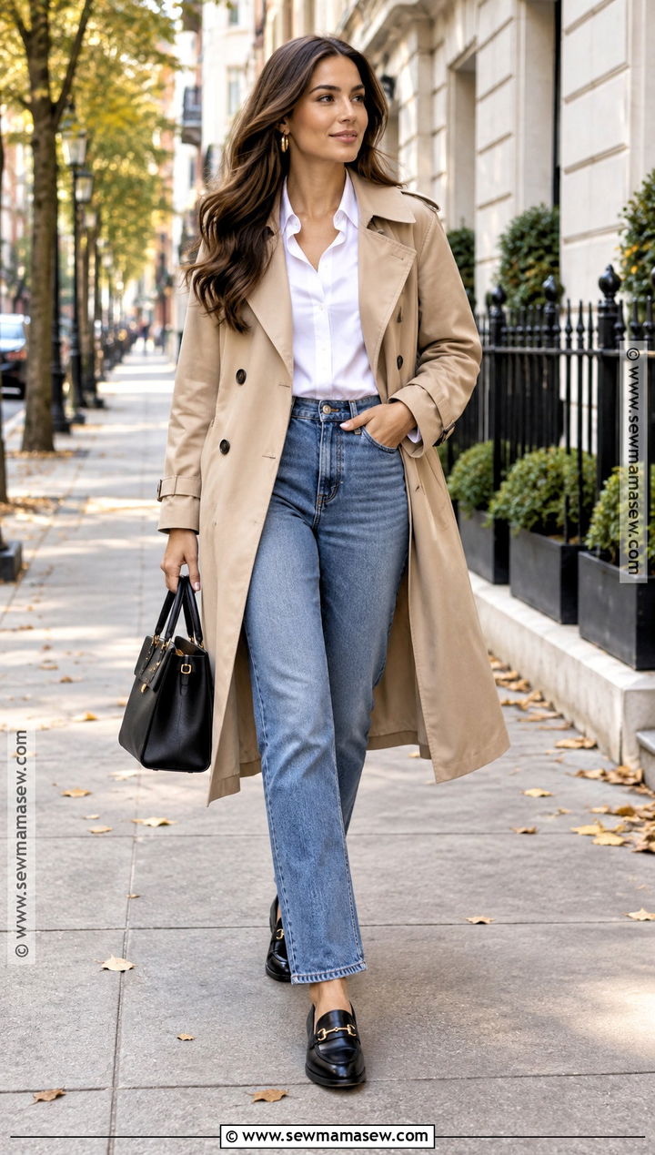 Black Loafers With Jeans And A Trench Coat - 15 fall flat shoes for women
