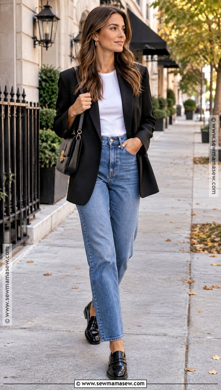 Black Loafers With Straight Leg Jeans and Blazer - 20 fall loafers ideas