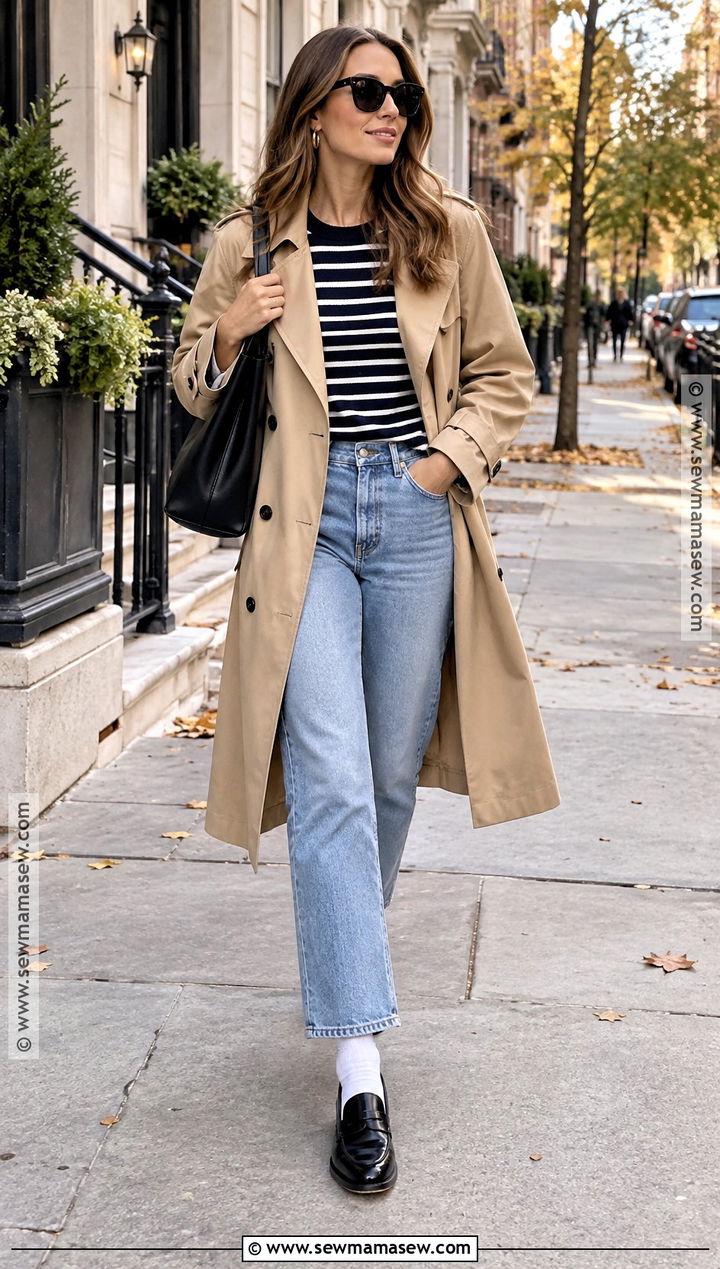 Black Loafers With Trench Coat And Blue Jeans - 15 black loafer outfits women fall
