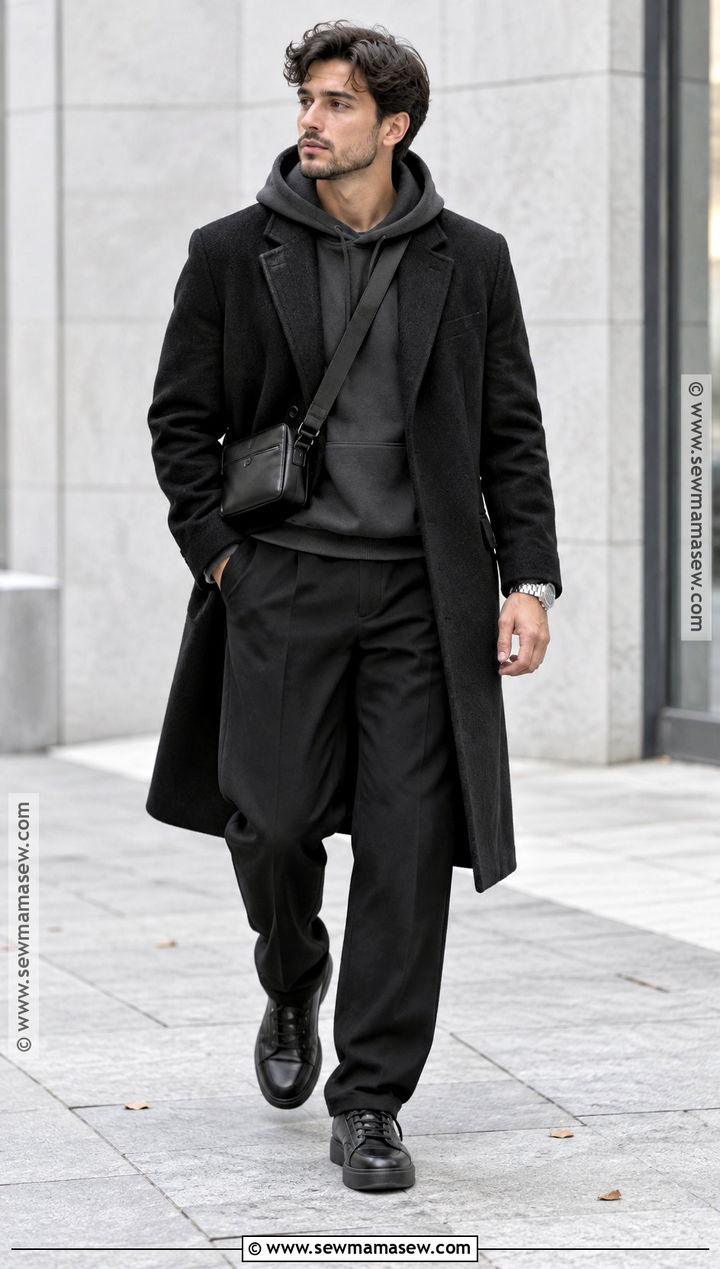 Black Long Coat With Monochrome Layers - 15 autumn coat ideas for men