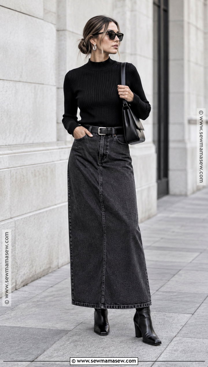 Black Long Jean Skirt With Black Sweater And Boots - 20 long jean skirt outfits fall 2026
