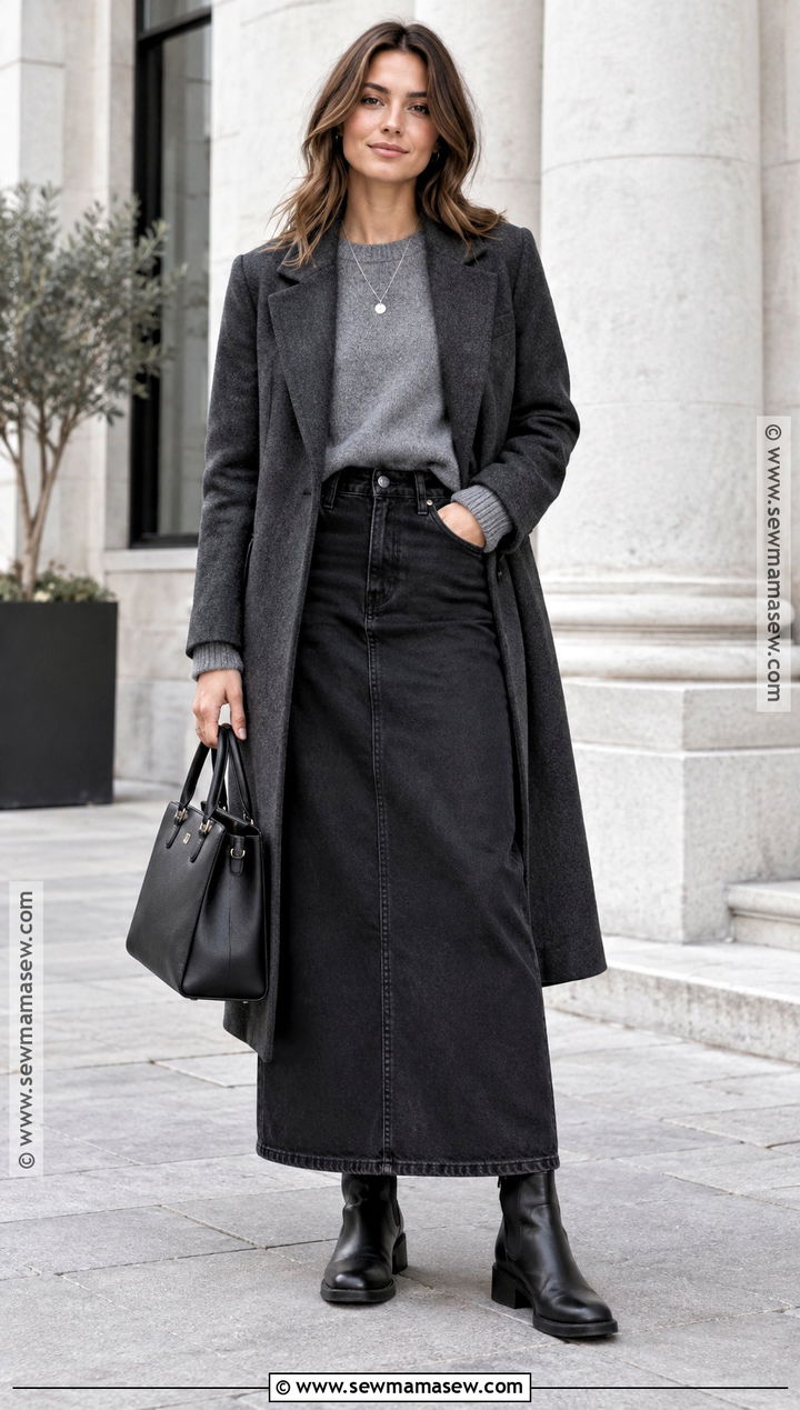 Black Long Jean Skirt With Gray Sweater And Chelsea Boots - 20 Long Jean Skirt Fall Outfits