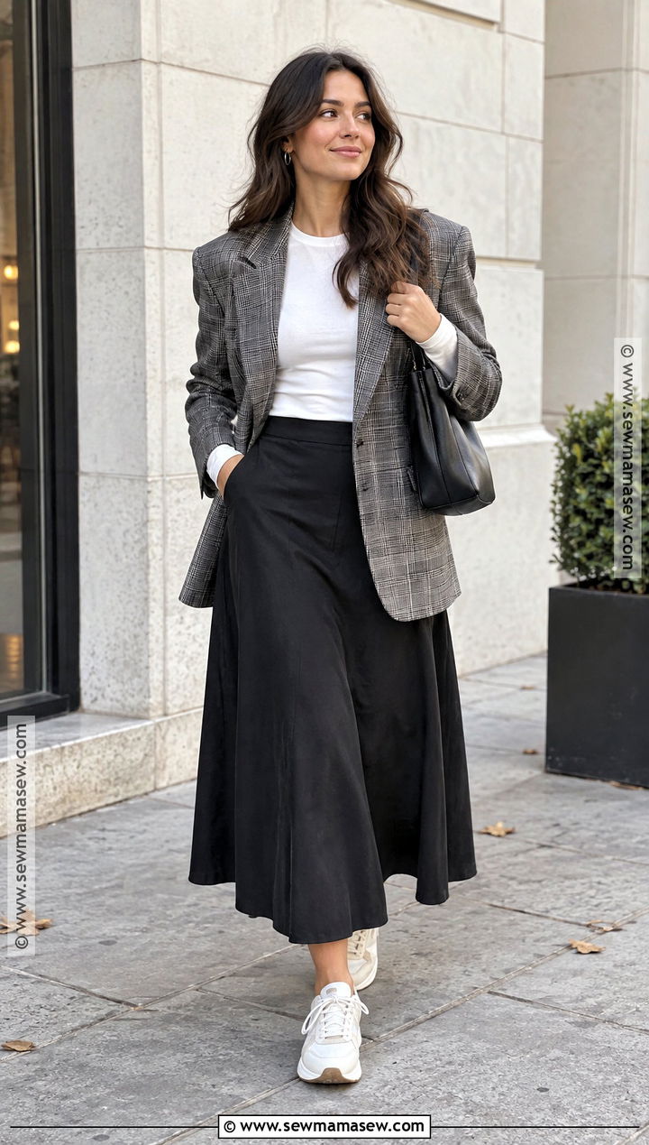 Black Long Skirt With Blazer and Sneakers - 20 Long Skirt Fall Ideas