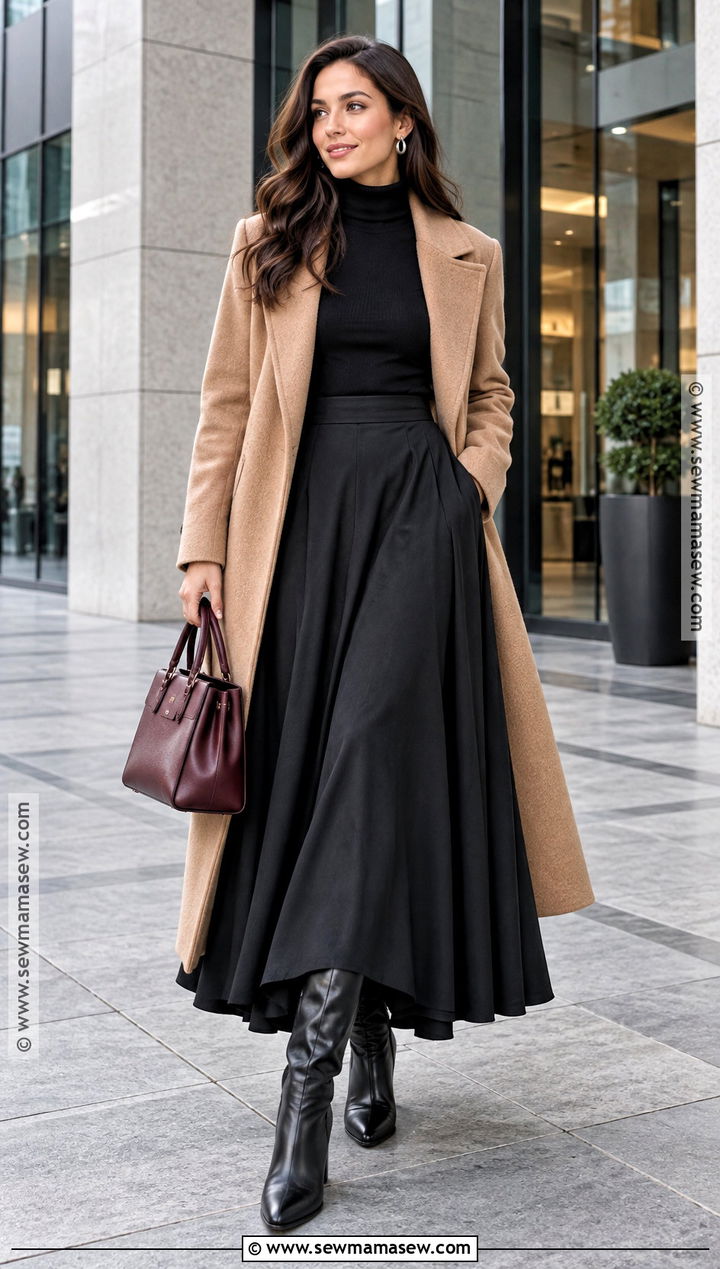 Black Long Skirt With Turtleneck And Knee High Boots - 25 long skirt outfits fall