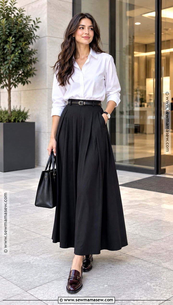 Black Long Skirt With White Shirt And Loafers - 20 autumn outfits long skirt