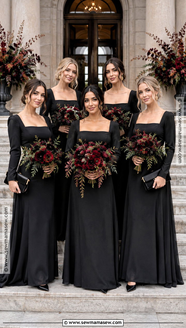 Black Long Sleeve Bridesmaid Dress With Red Bouquet - 15 Fall Wedding With Black Bridesmaid Dresses