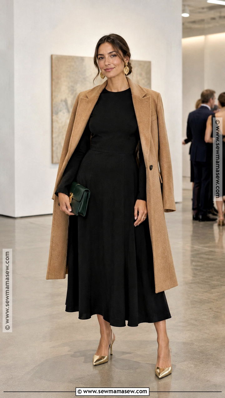 Black Long Sleeve Crepe A Line Dress - 15 semi formal dresses for wedding guest fall long sleeve