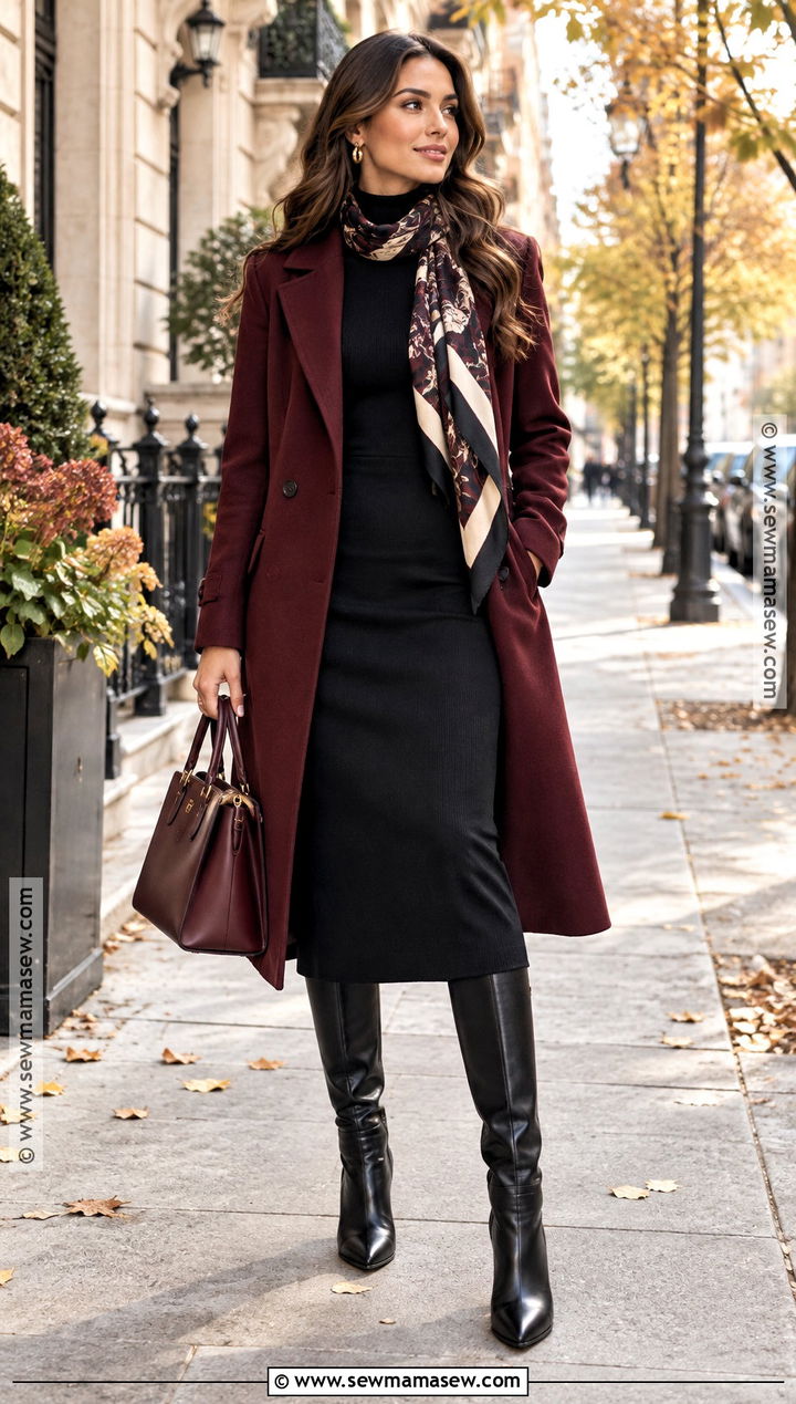 Black Long Sleeve Dress With Burgundy Coat - 20 black dress autumn outfit ideas