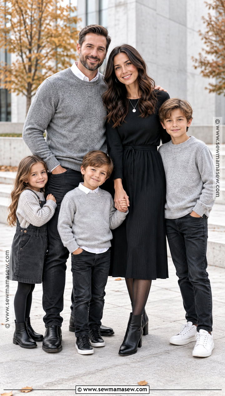 Black Long Sleeve Dress With Gray Family Outfits - 15 Black Dress Fall Photoshoot Ideas for Family