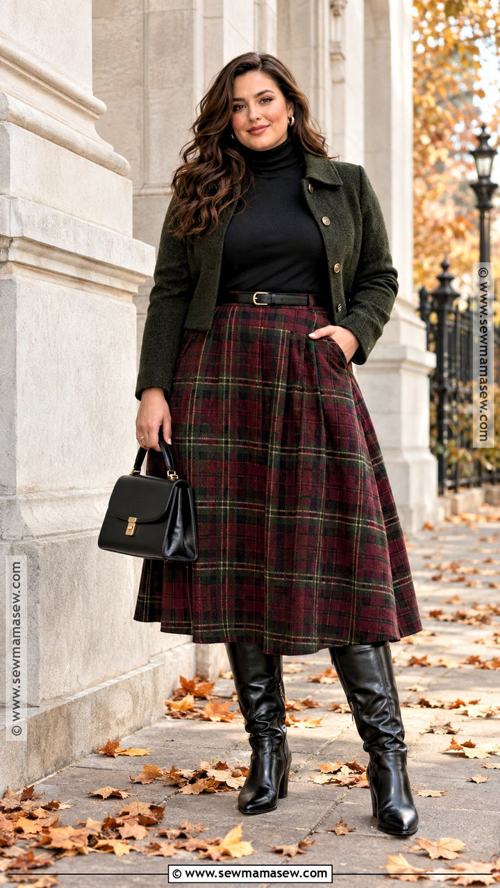 Black Long Sleeve Fall Outfit With Plaid Midi Skirt - 20 Long Sleeve Fall Outfits