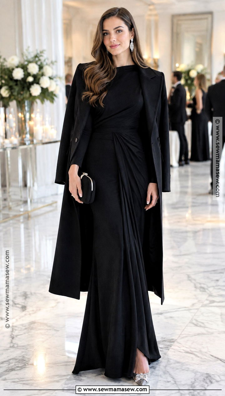 Black Long Sleeve Gown With Crystal Pumps - 25 fall formal outfits