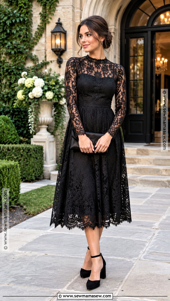Black Long Sleeve Lace Dress Outfit - 15 all black wedding guest outfit fall ideas
