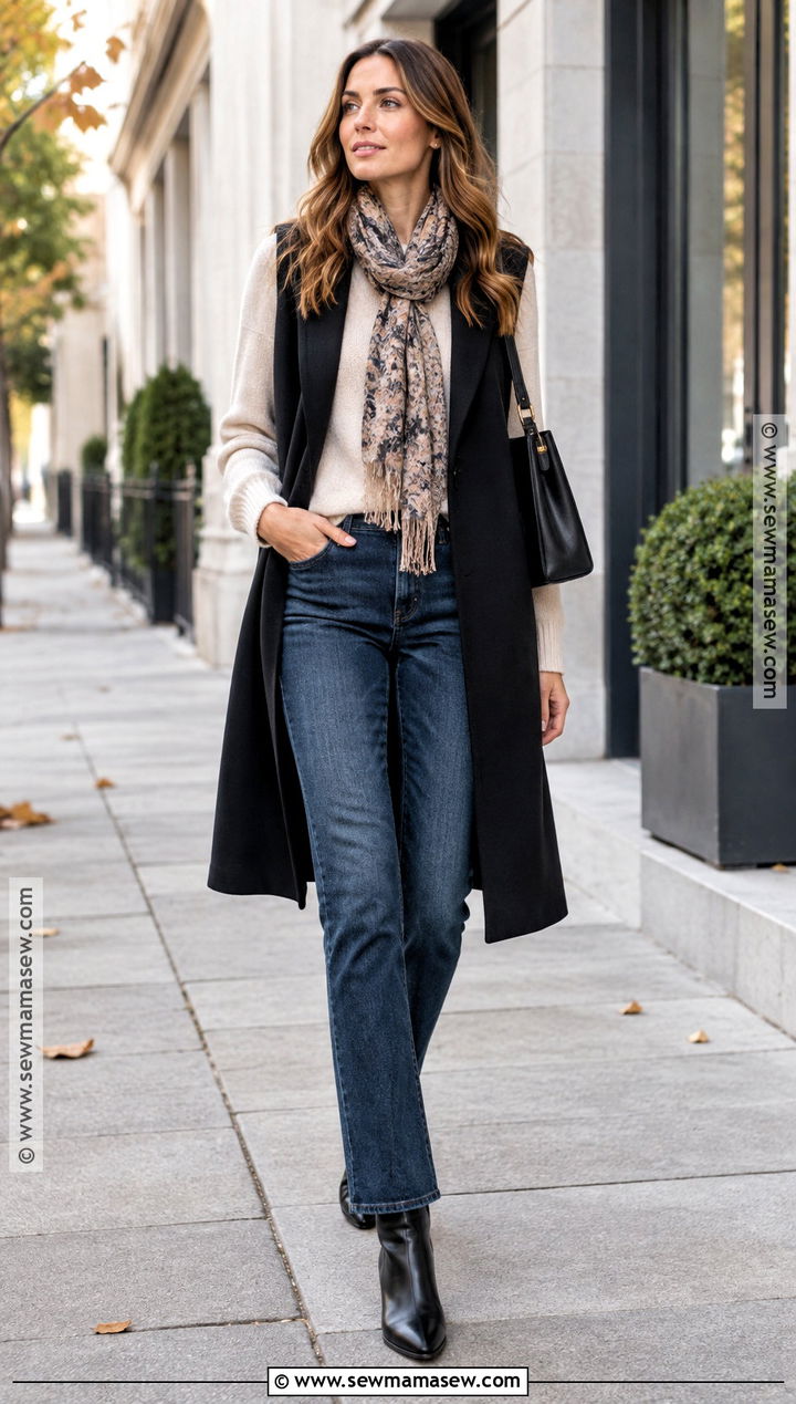 Black Longline Vest With Sweater and Straight Leg Jeans - 15 Black Vest Fall Outfits for Women