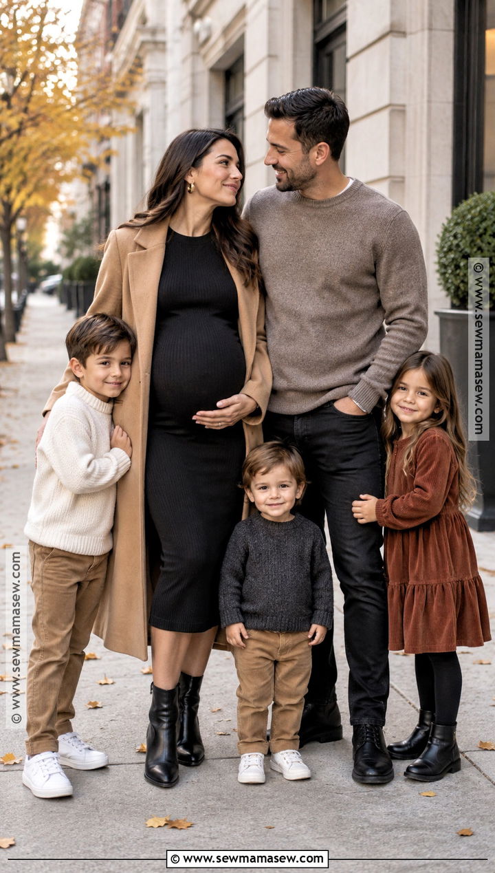 Black Maternity Dress And Camel Coat Family Photo Outfit - 15 fall maternity family photos outfits