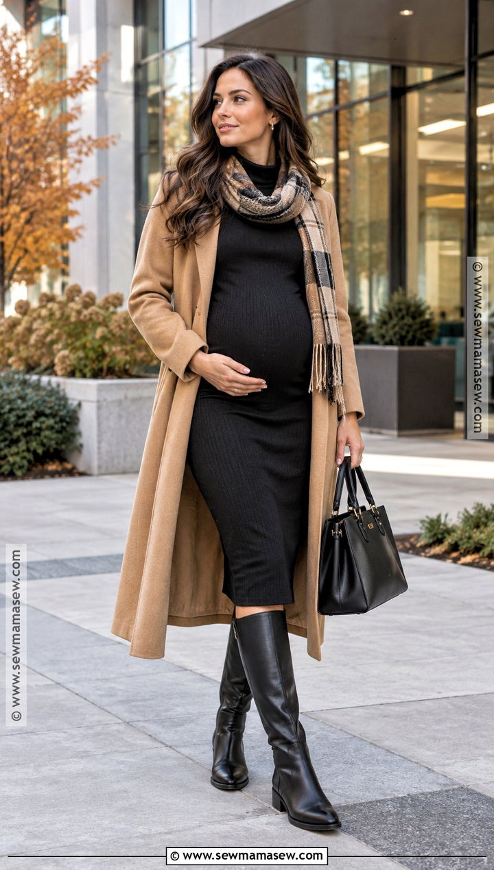 Black Maternity Dress With Longline Coat and Boots - 15 cozy fall maternity outfits