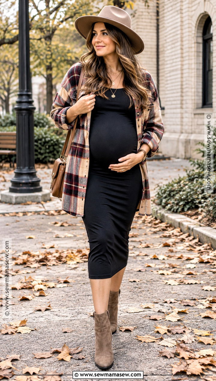 Black Maternity Dress With Plaid Shacket And Fedora - 15 fall maternity photos with hat ideas