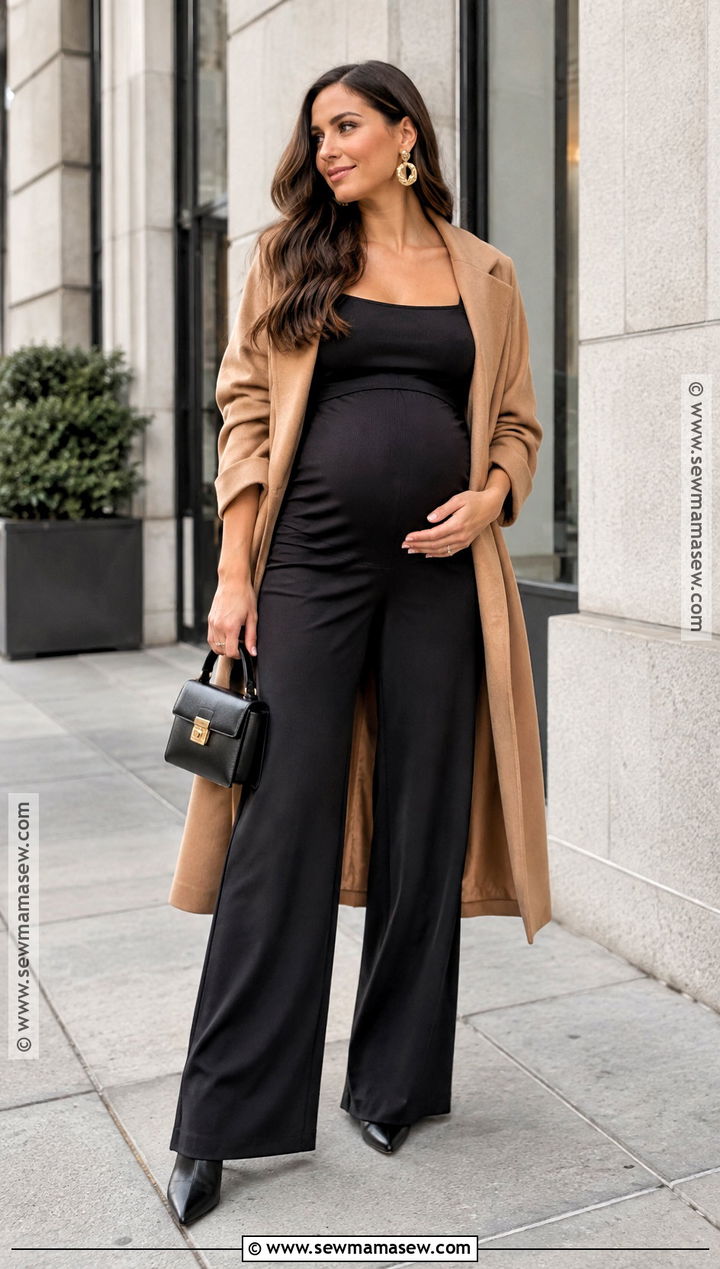Black Maternity Jumpsuit With Camel Coat - 15 Maternity Photography Outfits Fall