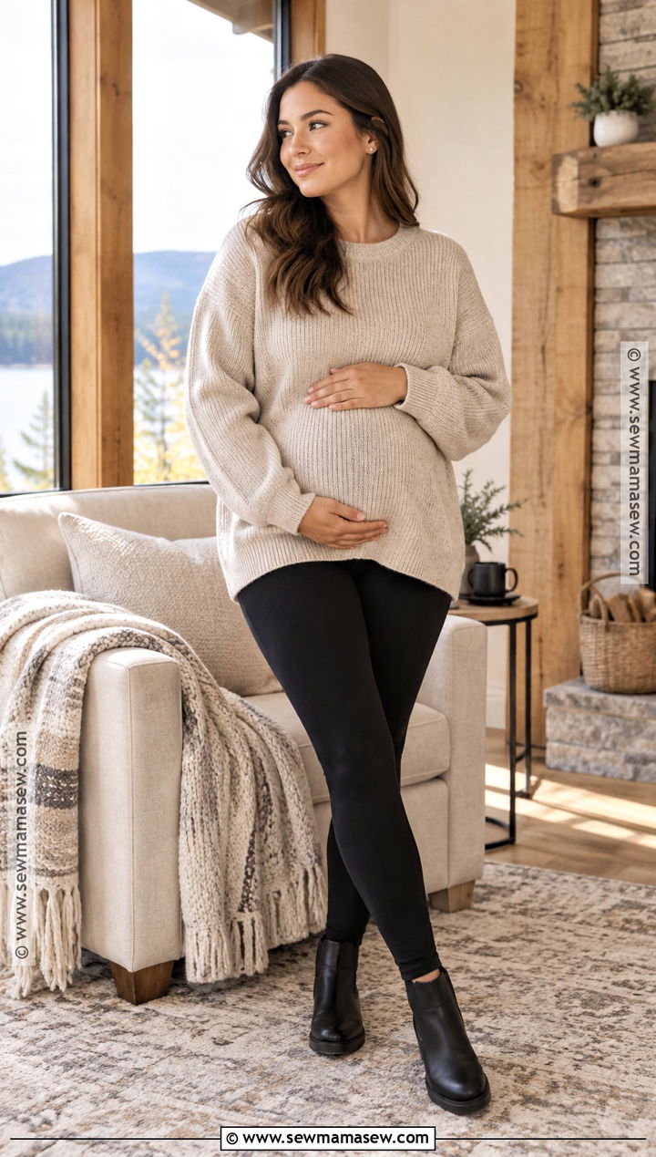Black Maternity Leggings With Oversized Sweater - 20 Fall Maternity Photoshoot Outfits