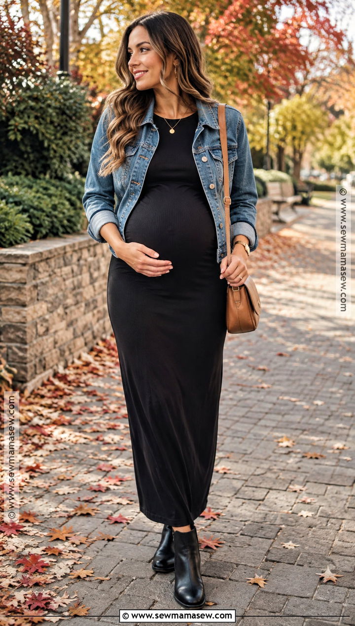 Black Maternity Maxi Dress With Denim Jacket - 15 Chic Fall Pregnancy Outfits
