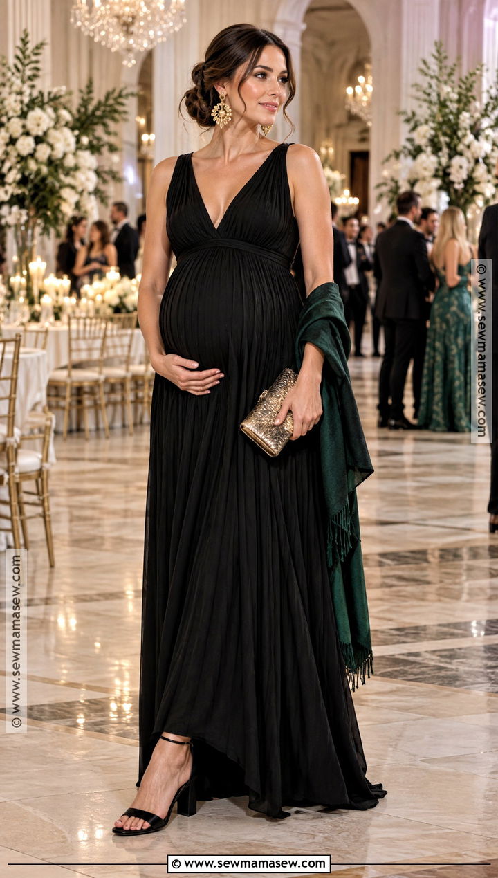 Black Maternity Maxi Dress With Gold Accessories - 15 pregnant fall wedding guest outfit ideas