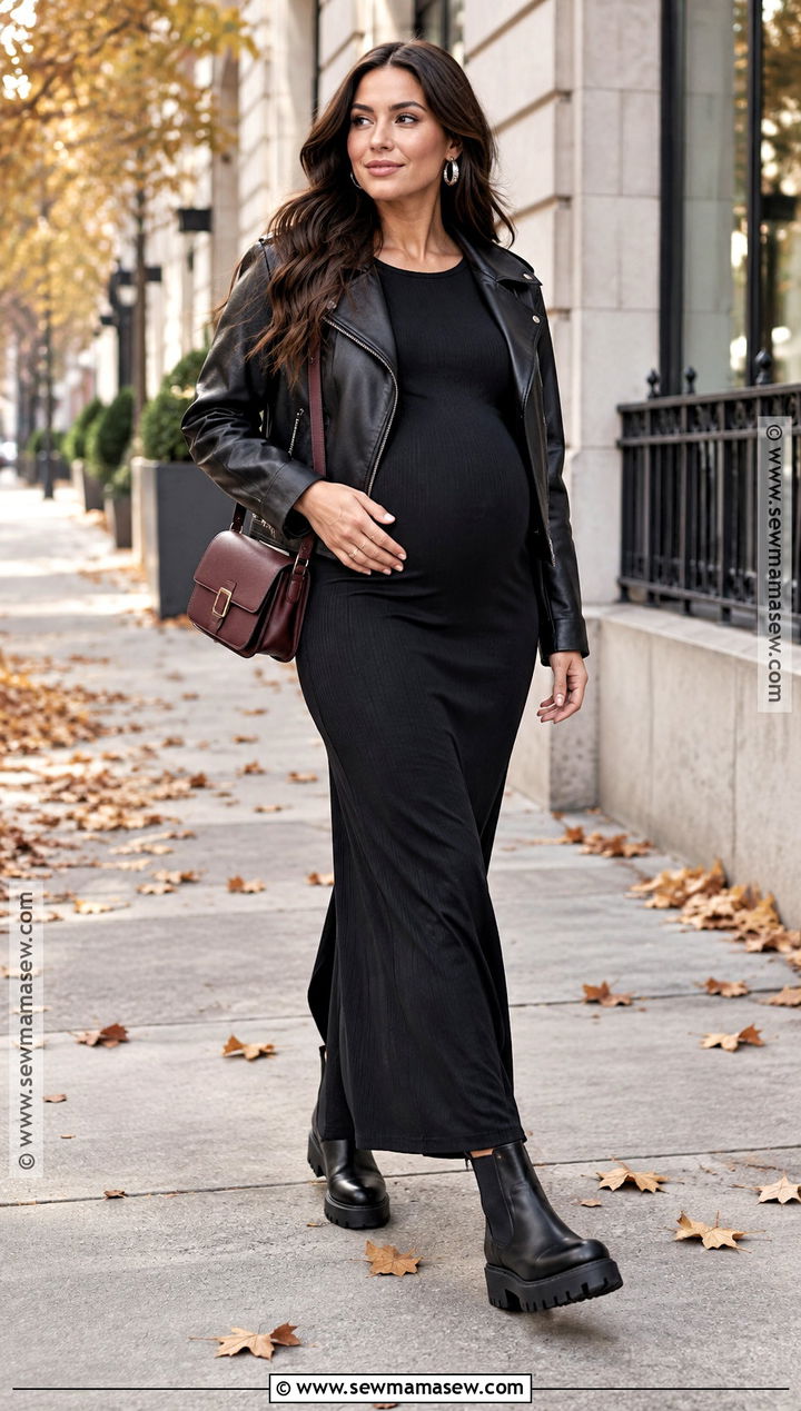 Black Maternity Maxi Dress With Leather Jacket - 20 fall maternity dress outfits