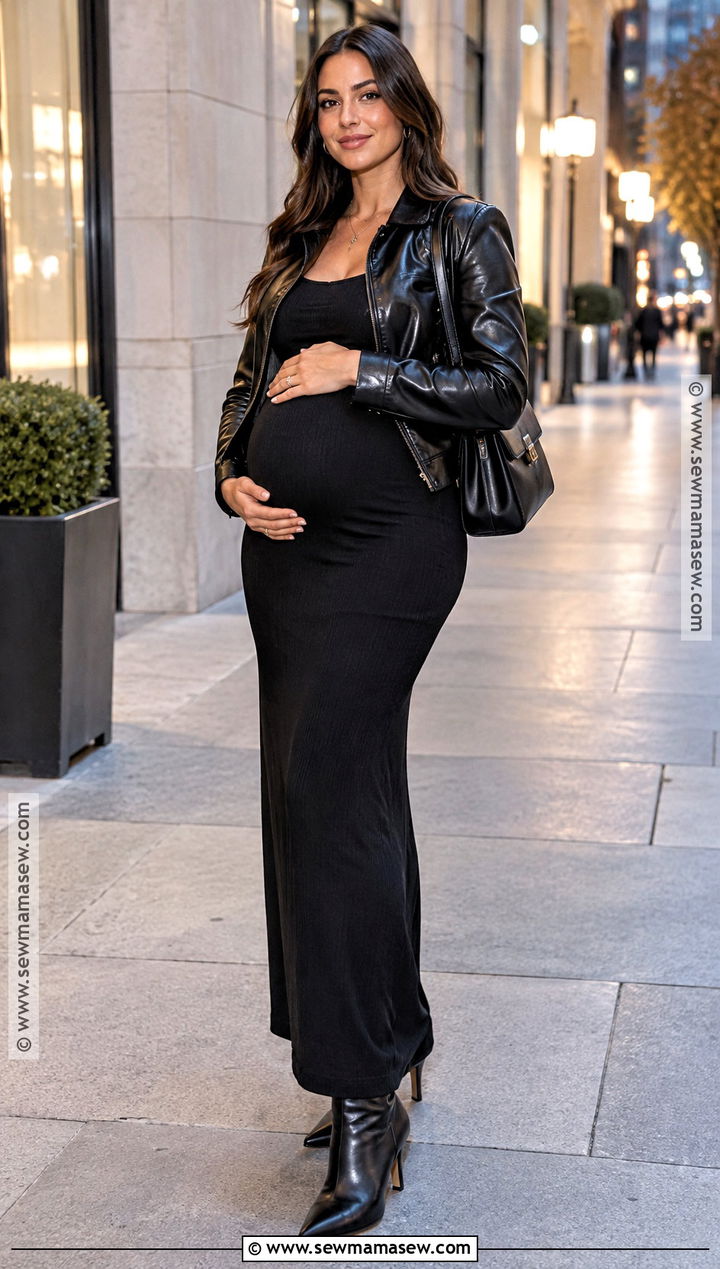 Black Maternity Maxi Dress With Leather Jacket - 15 fall winter maternity style ideas