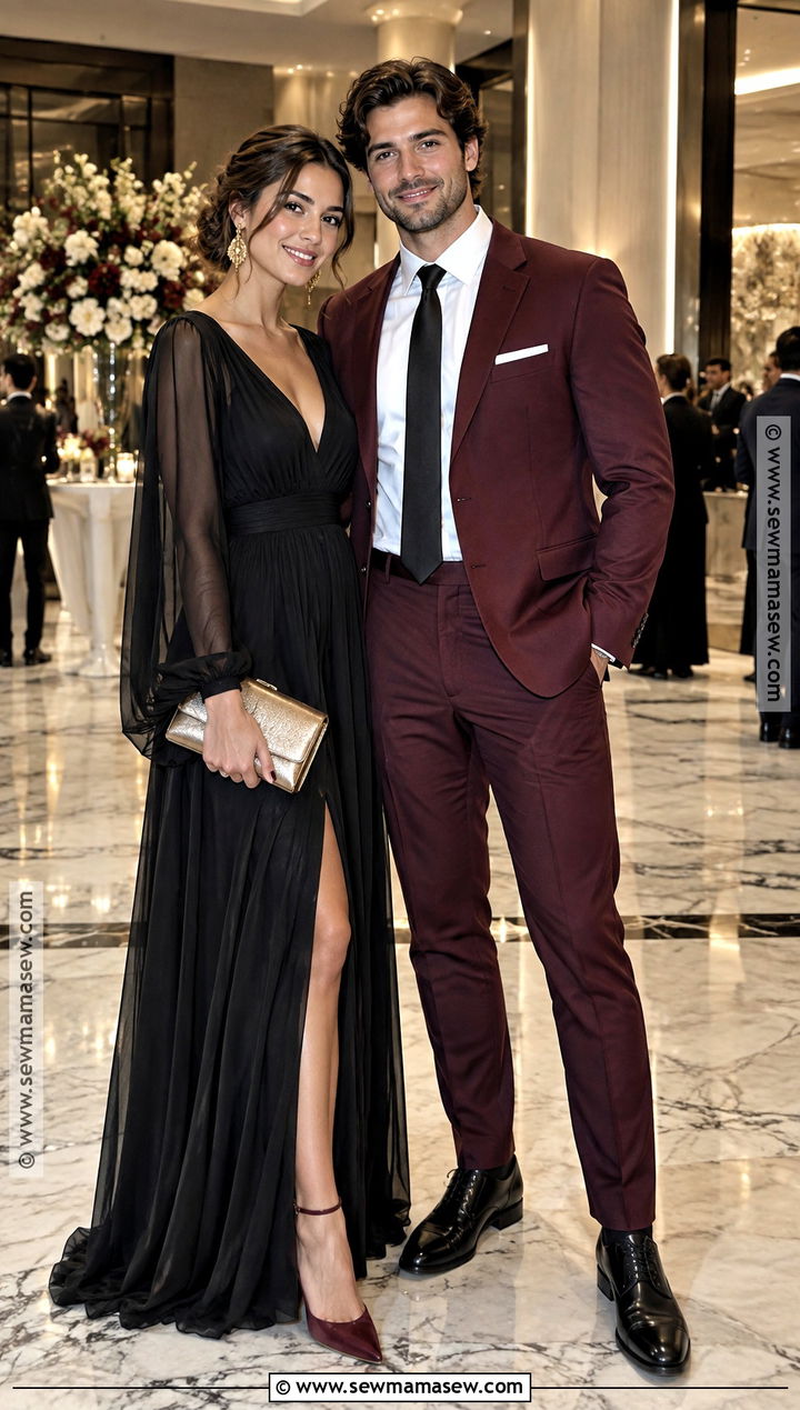 Black Maxi Dress And Burgundy Suit Fall Wedding Guest Outfit - 15 couples wedding guest outfits fall