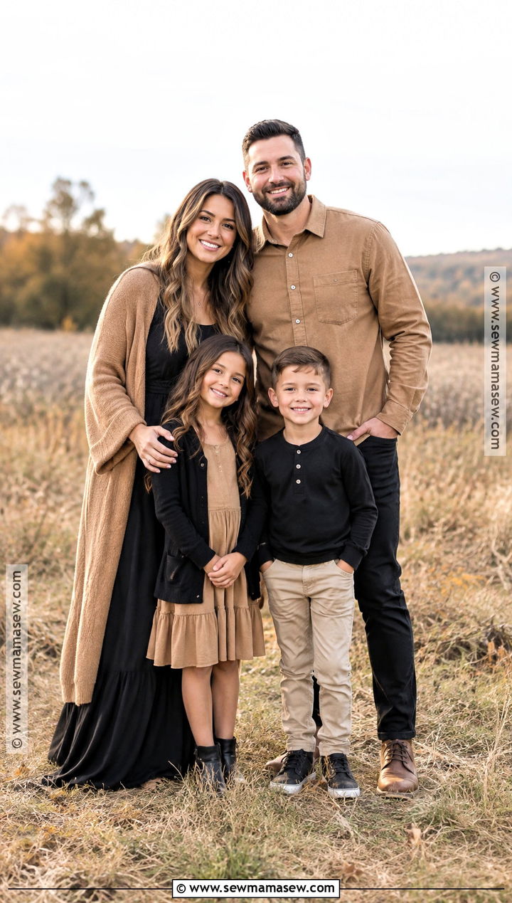 Black Maxi Dress And Camel Cardigan Family Outfit - 15 fall family pictures outfits black and tan
