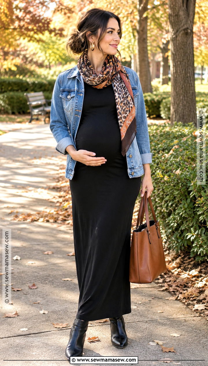 Black Maxi Dress And Denim Jacket Fall Bump Outfit - 25 fall bump outfits