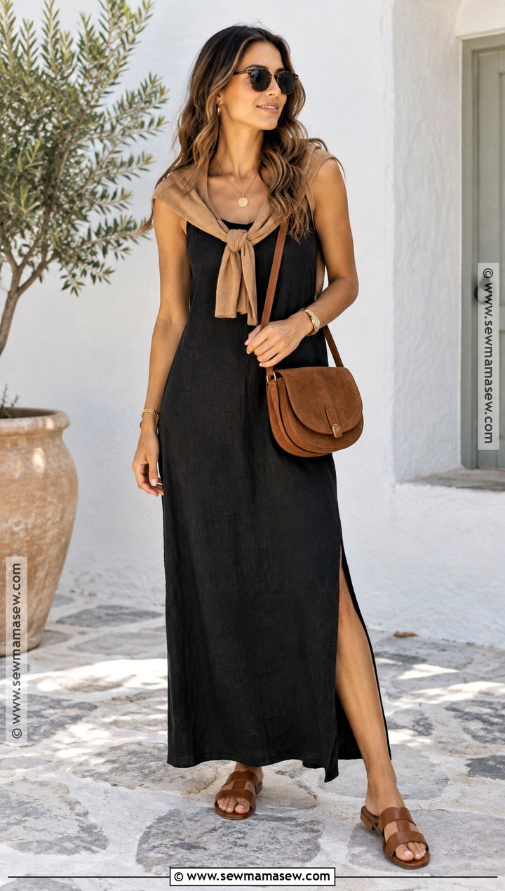 Black Maxi Dress And Lightweight Cardigan Fall Outfit - 15 fall outfits 2026 hot weather