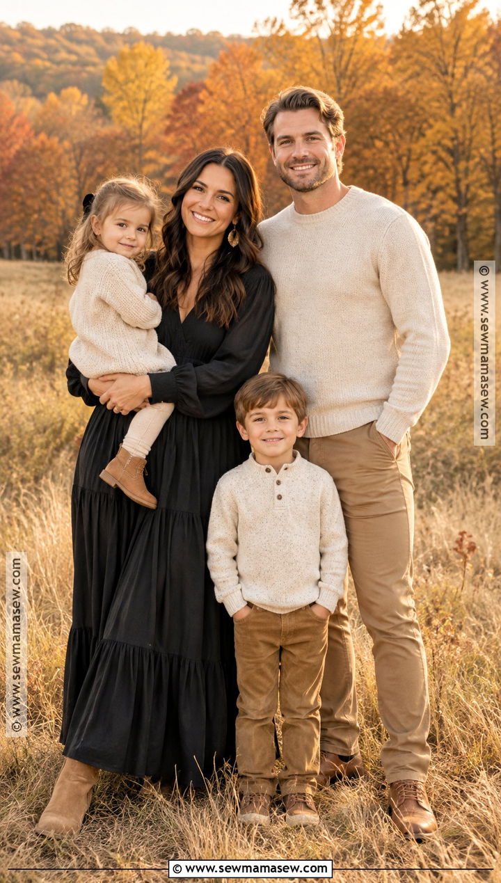 Black Maxi Dress With Camel Family Outfits - 15 Black Dress Fall Photoshoot Ideas for Family