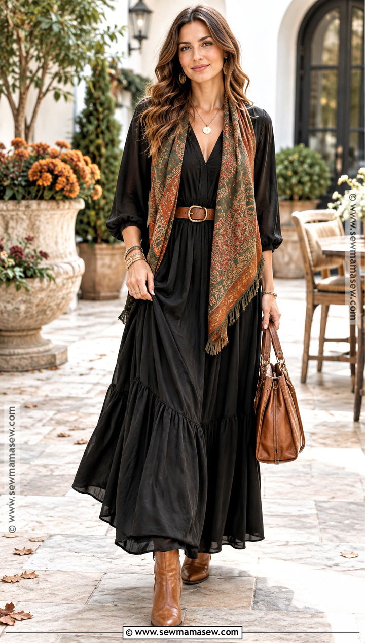 Black Maxi Dress With Cognac Boots And Scarf - 15 soft autumn wearing black ideas