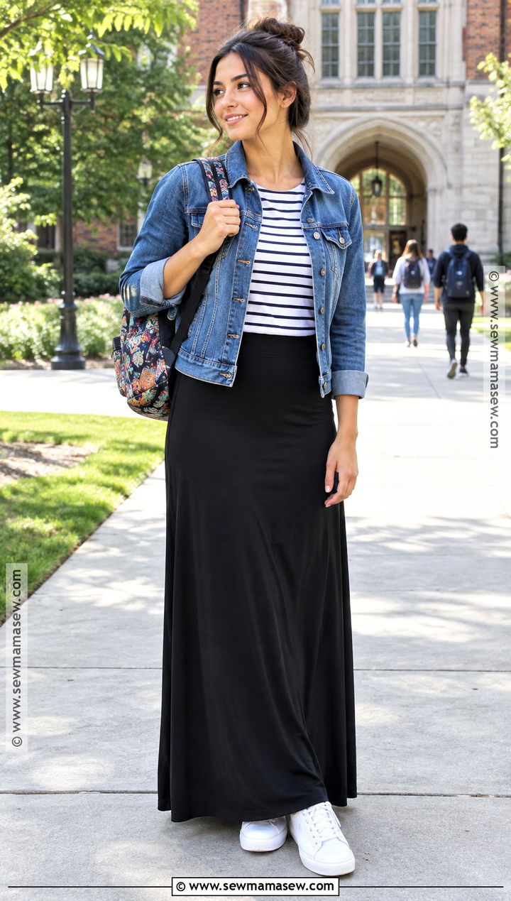 Black Maxi Skirt And Denim Jacket Outfit - 15 back to school outfits with skirt