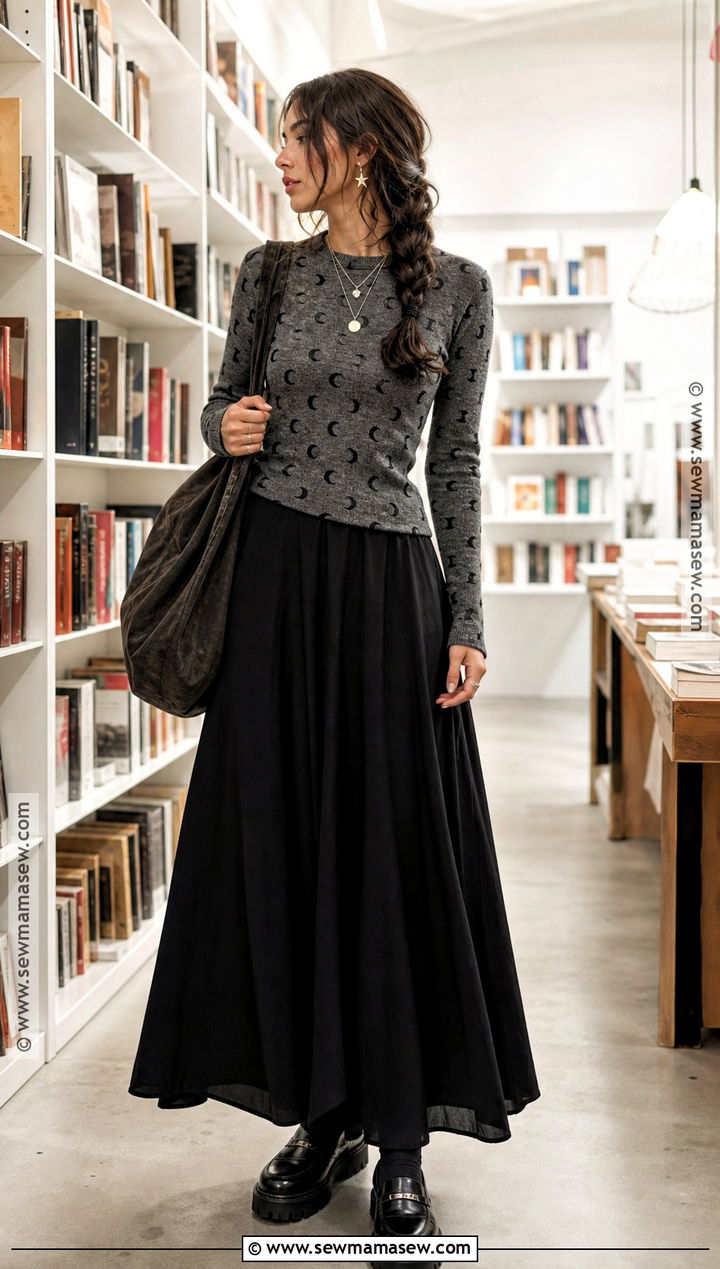 Black Maxi Skirt And Moon Sweater Outfit - 30 Spooky Season Outfits
