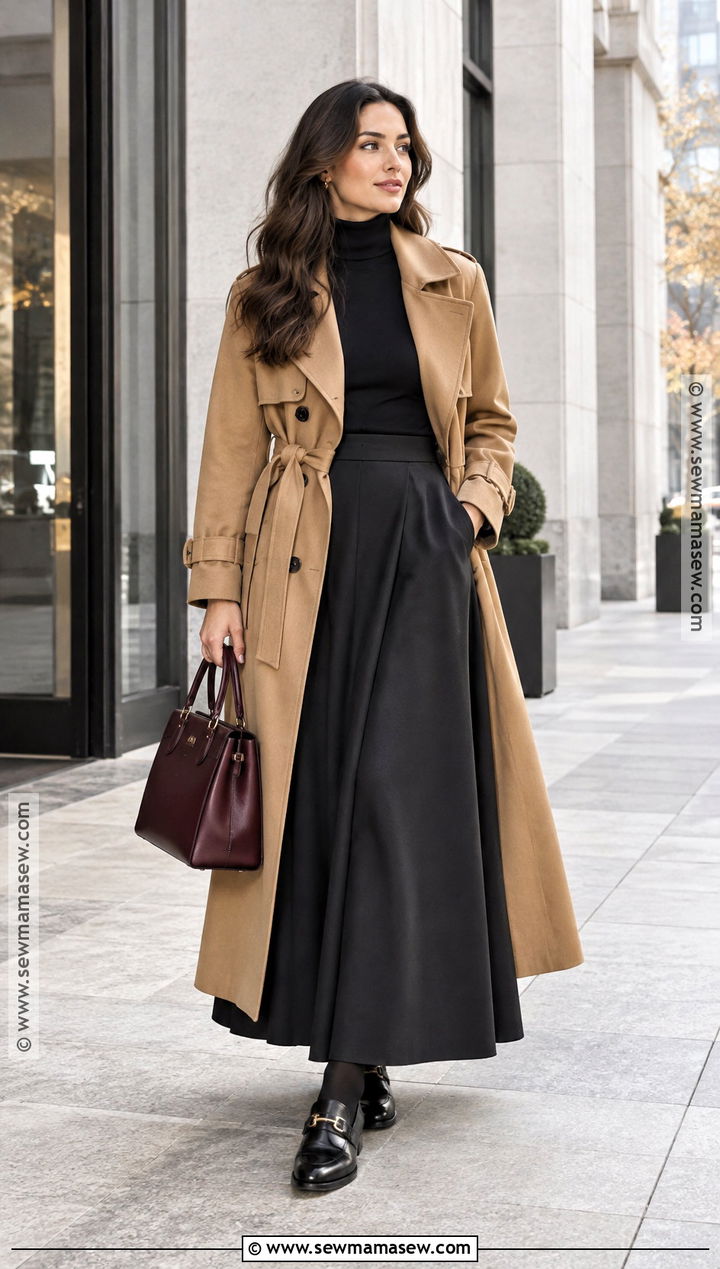 Black Maxi Skirt With Camel Trench Coat - 25 black maxi skirt outfit fall ideas