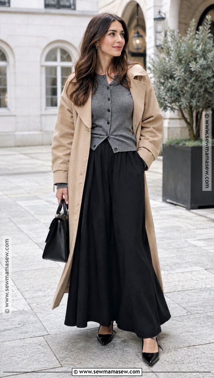 Black Maxi Skirt With Cardigan And Ballet Flats - 20 fall fits skirt