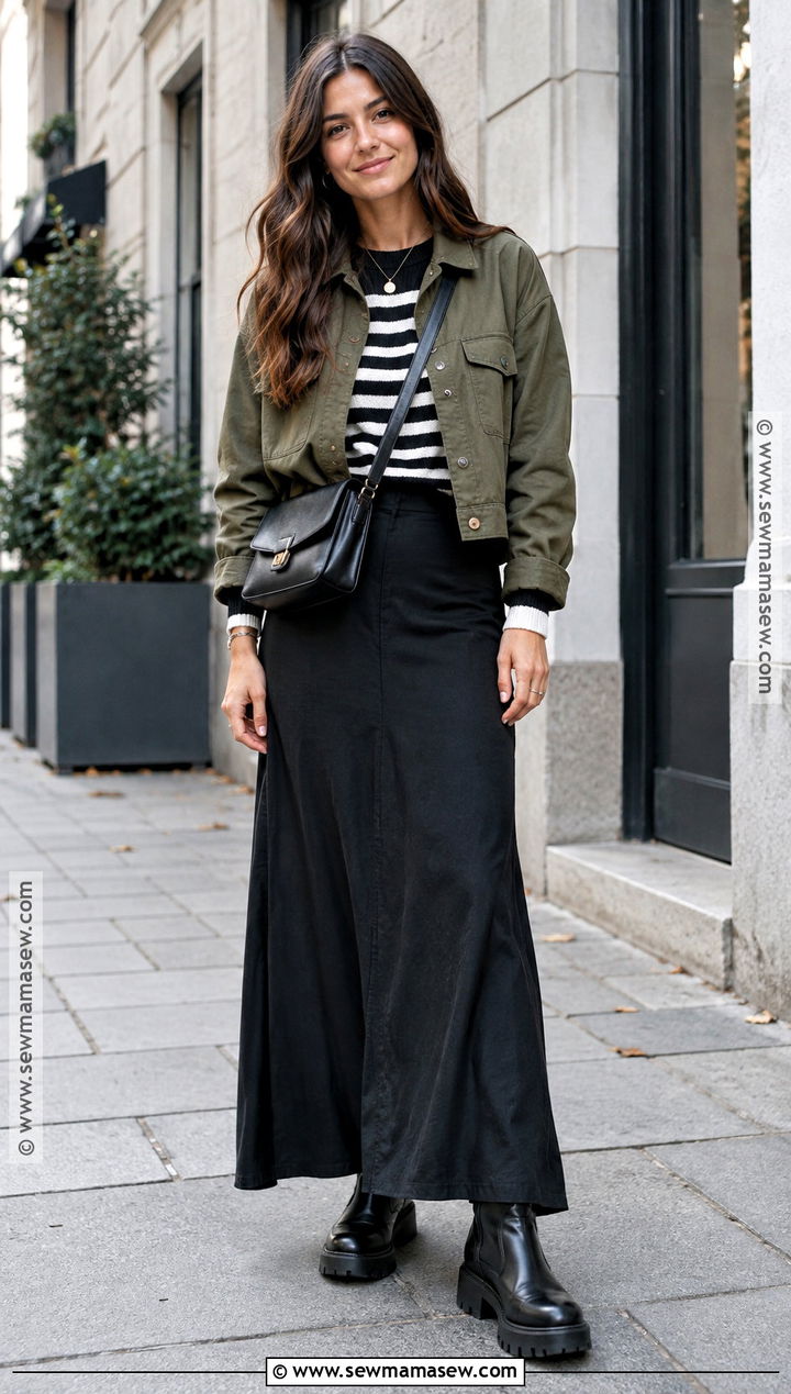 Black Maxi Skirt With Chunky Boots - 15 fall skirts outfits with boots