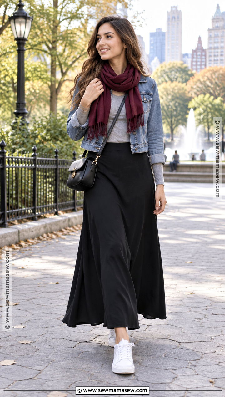 Black Maxi Skirt With Denim Jacket And Sneakers - 30 fall skirt outfits