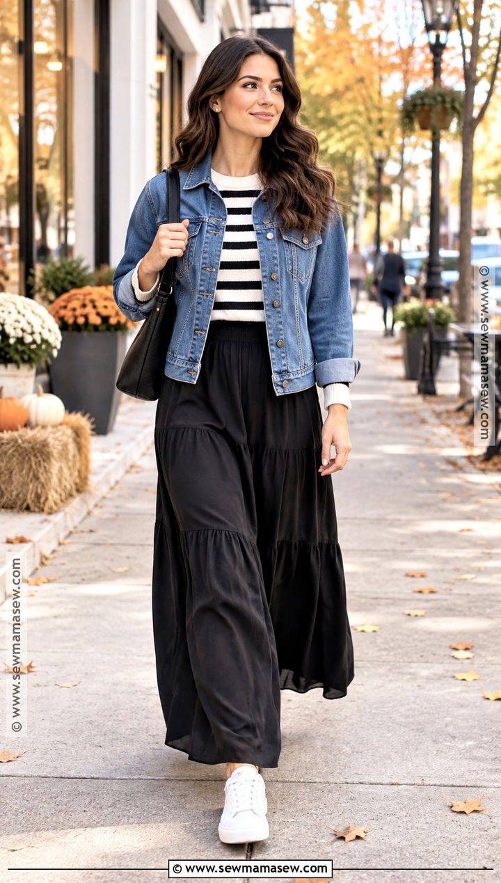 Black Maxi Skirt With Denim Jacket And Striped Sweater - 25 black maxi skirt outfit fall ideas