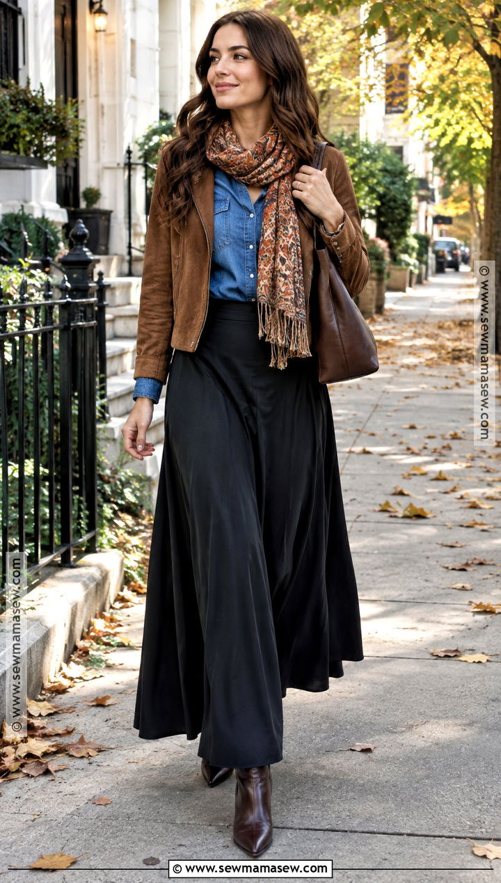 Black Maxi Skirt With Denim Shirt And Suede Jacket - 20 black skirt autumn outfit ideas
