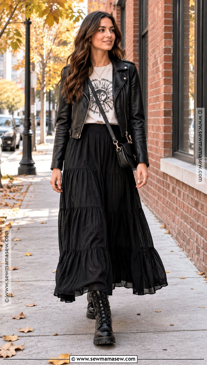 Black Maxi Skirt With Graphic Tee And Moto Jacket - 25 black maxi skirt outfit fall ideas