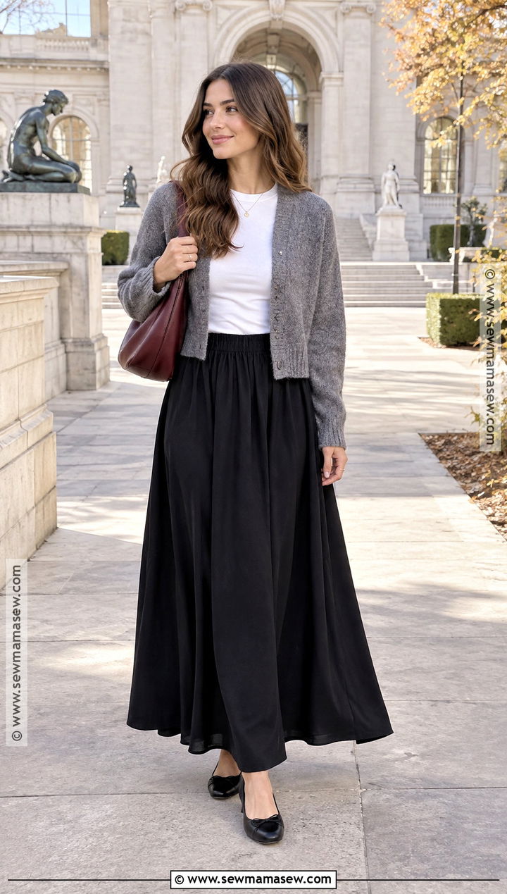Black Maxi Skirt With Gray Cardigan And Ballet Flats - 25 black skirt fall outfit ideas